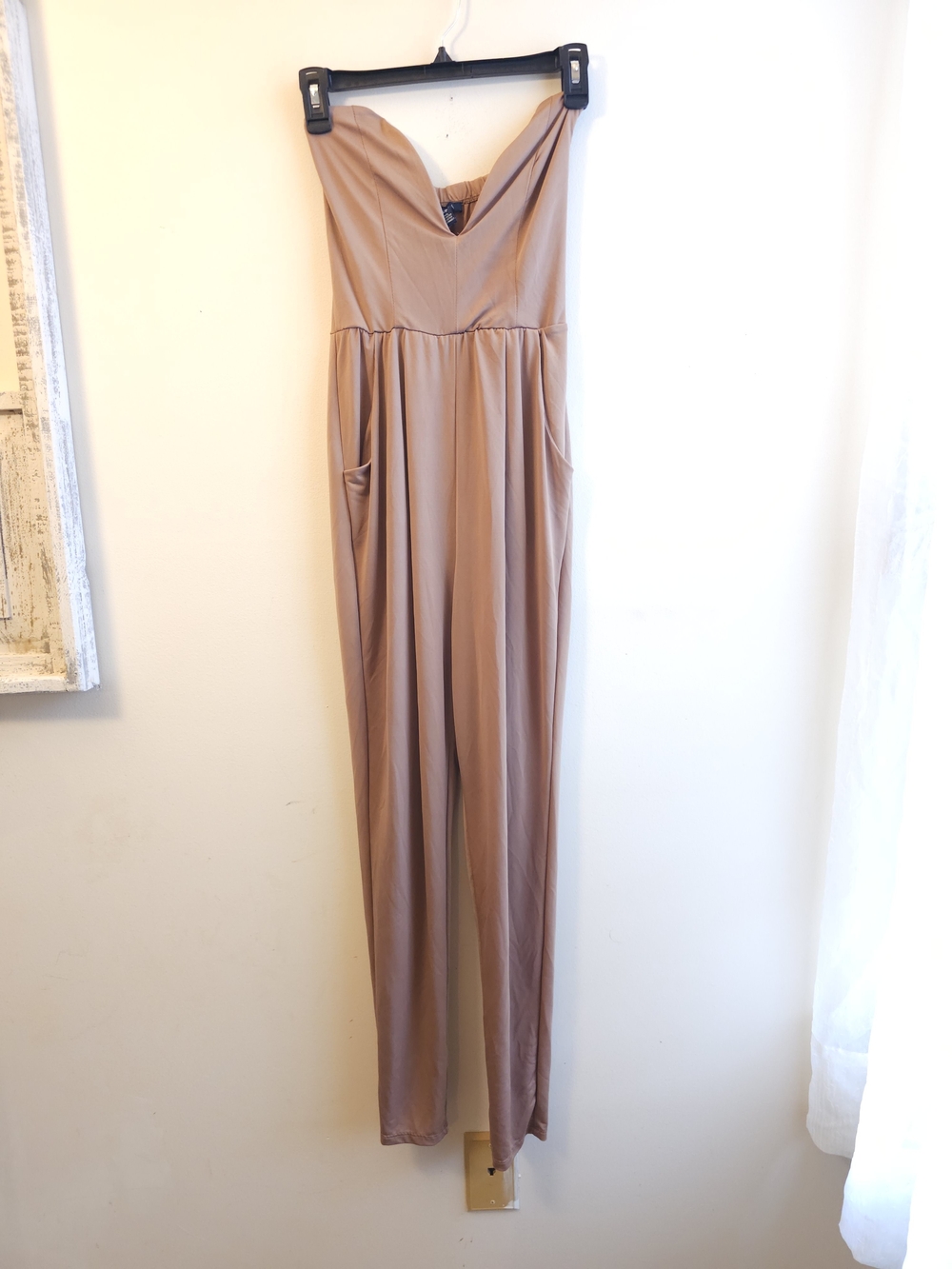 UK2LA Strapless Wide-Leg Jumpsuit in Taupe Beige